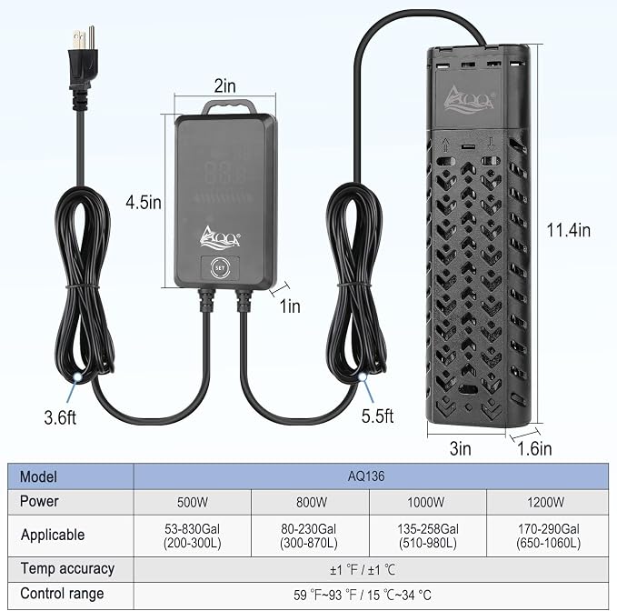 AQQA Aquarium Heater 800W Large Fish Tank Heater for 80-230 Gallon Tank Submersible Heater for Aquarium Betta Fish Heater with Adjustable Temp Range 59-93℉ (AQ136-800W for 80-230Gal)