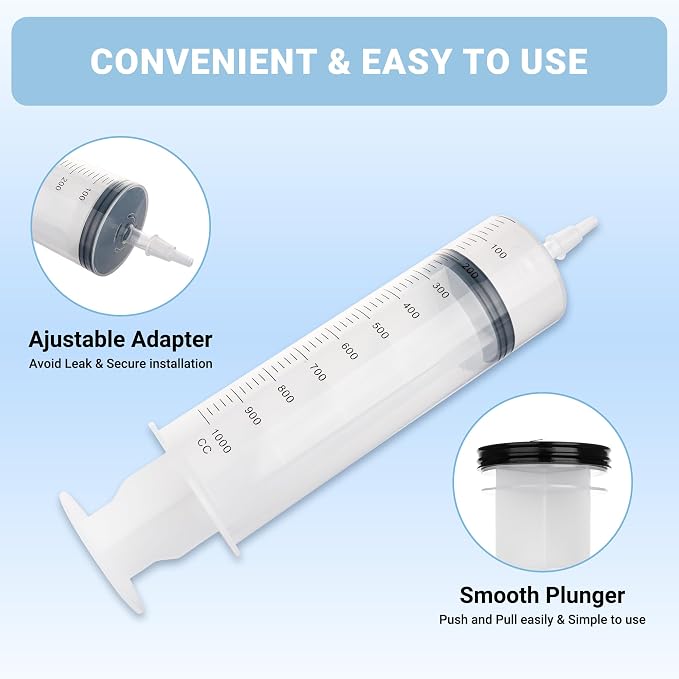 1000ml Large Syringe,Plastic Syringes for Liquid with Tip Adapter, for Scientific Labs, Measuring, Watering, Refilling, Filtration Multiple Uses, Individual Sealed