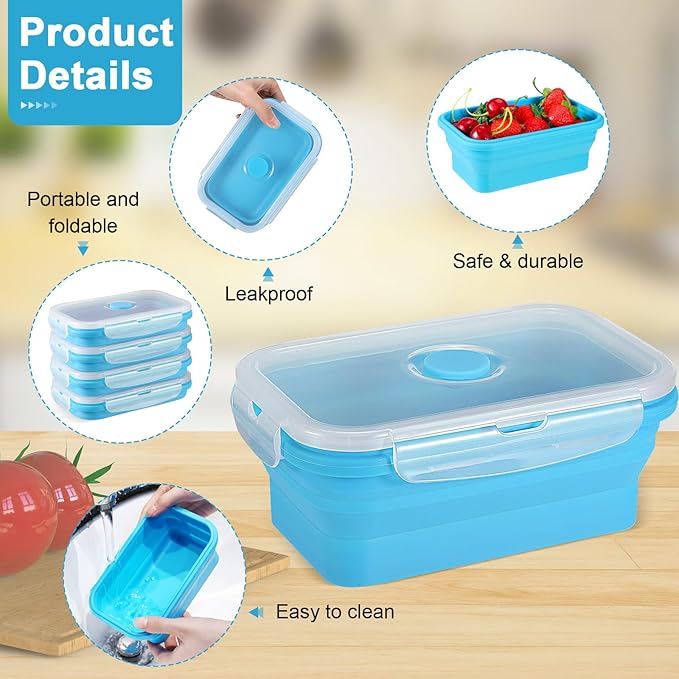 Mifoci Set of 8 Silicone Collapsible Bowls for Camping with Vent Lid Silicone Storage Containers for Food Meal Preparation Square Bowl Microwave Freezer Dishwasher Safe(Blue,17 Oz/ 500 ml)