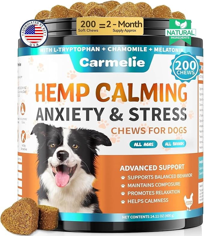 Carmelie Hemp Calming Chews for Dogs, Advanced Dog Calming Treats for Dogs Anxiety and Stress Relief with Valerian Root Chamomile Melatonin- Separation, Barking, Stress & Sleep- 200 ct Chicken Flavor