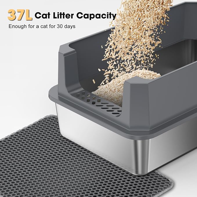 FURTIME Stainless Steel Cat Litter Box, Easy-Clean High-Sided Metal Litter Box, Open-Top Litter Pan for Large Cats, Includes Scoop & Mat, Non-Stick, Anti-Leakage, 23"×15"×10.5"