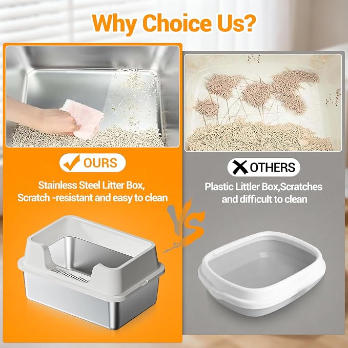 Enclosed Stainless Steel Cat Litter Box with Lid Extra Large Litter Box for Big Cats XL Metal Litter Pan Tray with High Wall Sides Enclosure, Non-Sticky, Anti-Leakage, Easy Cleaning