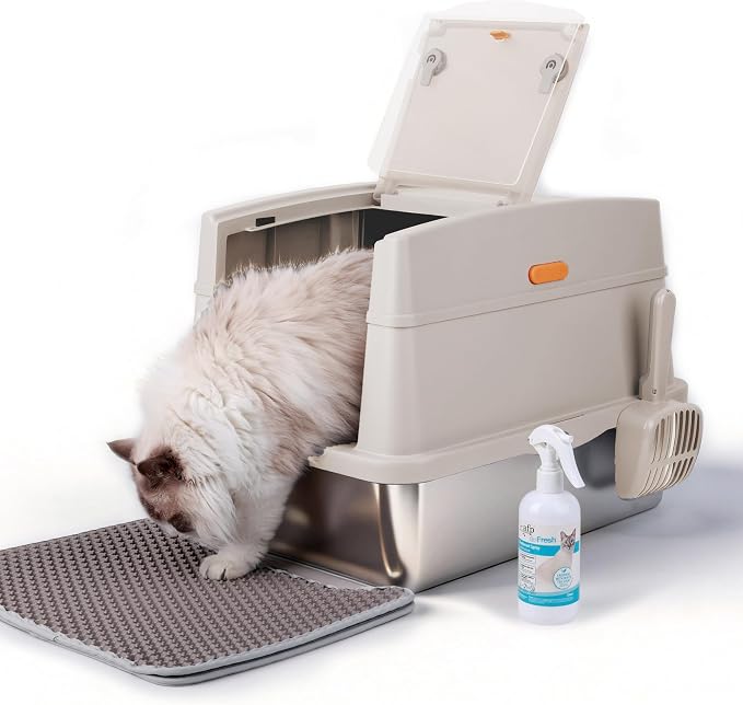 Large Stainless Steel Cat Litter Box with Lid, Enclosed High Sided Sifting Metal Litter Boxes with Scoop for XL Cats, Multicat, Non-Sticky, Anti-Leakage, Easy Cleaning, Sand