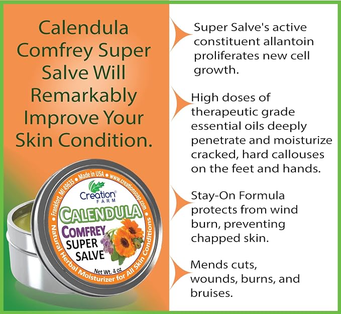 Calendula Comfrey Super Salve by Creation Farm, Herbal Balm, Moisturizer, and Ointment with No Gluten, Soy, GMO or Parabens, Made in USA Comforts many issues.