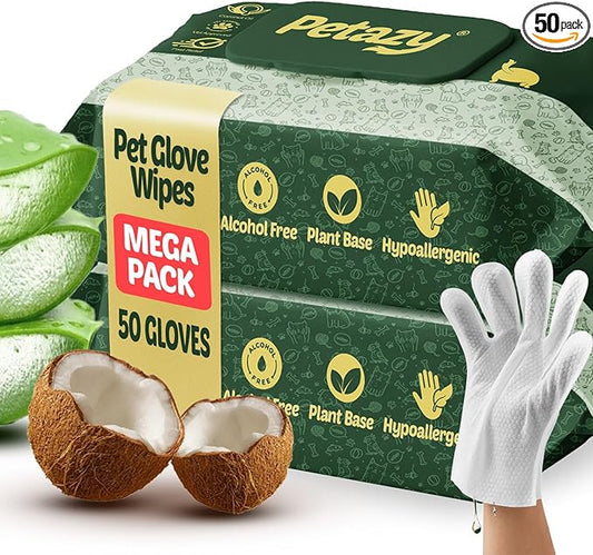 Petazy Pet Glove Wipes for Dogs & Cats – Hypoallergenic Thick Cleaning Gloves with Aloe & Coconut Oil for Paws, Face, Ears & Butt, Instant No Rinse Grooming Wipes to Deodorize and Hydrate, 50 Pack