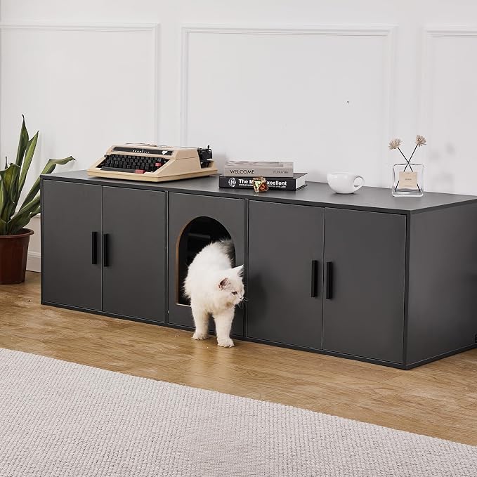 VEVOR Cat Litter Box Enclosure for 2 Cats, Litter Box Furniture Hidden with Double Rooms, Wooden Cat Box Cabinet Fit Most of Litter Box