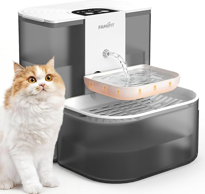 [New Upgrade] Famifit 4.5L+2L Heated Automatic Cat Water Fountain, 4000mAh Battery, Warm Water Option, Timed & Measured Control, Clean Water System, No Filter, Ceramic Bowl, Plug-in Recommended