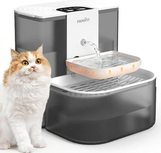 [New Upgrade] Famifit 4.5L+2L Heated Automatic Cat Water Fountain, 4000mAh Battery, Warm Water Option, Timed & Measured Control, Clean Water System, No Filter, Ceramic Bowl, Plug-in Recommended