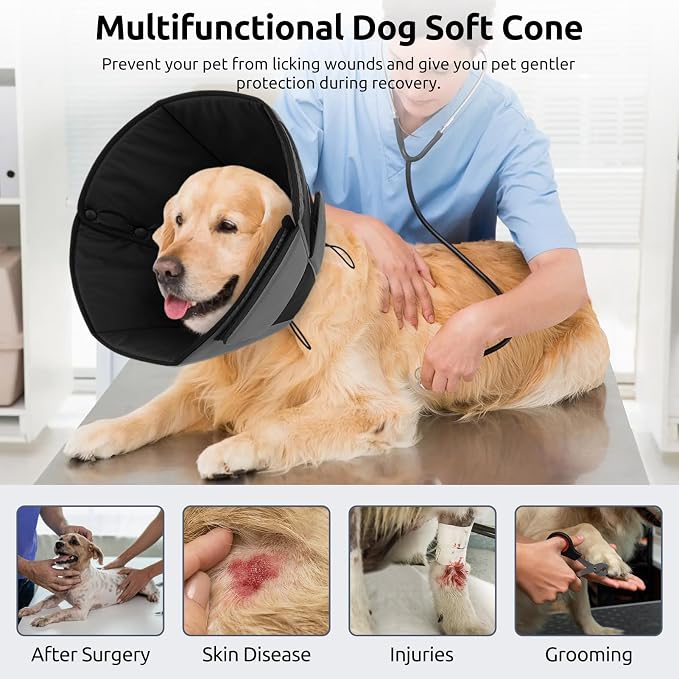 Queenmore Dog Cones for Small Dogs, Soft Cone for Dogs After Surgery, Adjustable Comfy Cone for Dogs & Cats, Comfortable Pet Cone After Surgery for Wound Healing, Grey S