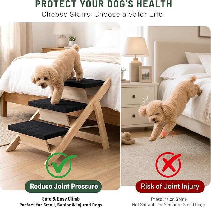 Dog Stairs/Ramp for Bed, Wooden 2-in-1 Foldable Pet Stairs & Ramp, Portable Dog Ladder Up to 180 Pound for Elderly/Short-Legged Dogs, 3 Steps for Beds, Couch, Cars