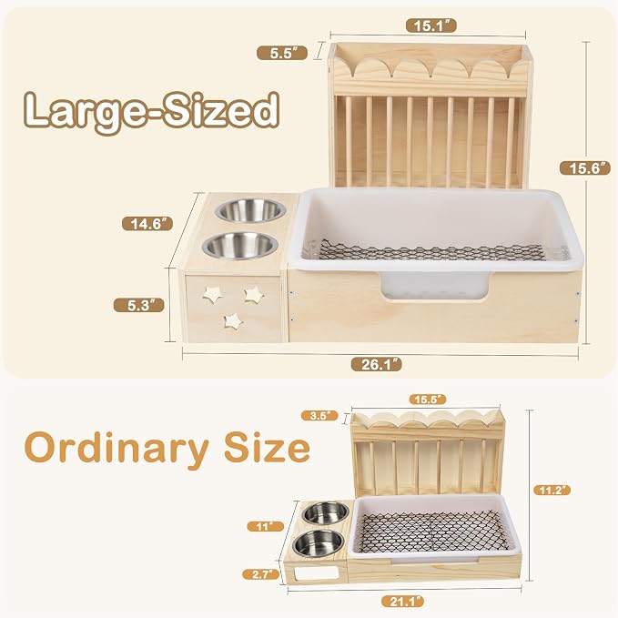 Upgraded 3‑in‑1 Wooden Rabbit Hay Feeder and Litter Box Combo | Extra Large, Mess‑Proof Hay Rack, Easy Clean, Stainless Steel Bowls, Small Pet Feeding Station