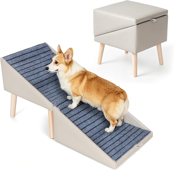 17.4" 4-Step Dog Ramp for High Bed, 2-in-1 Foldable Pet Steps & Ottoman | Non-Slip Joint Support, Wooden Dog Stairs for Couch,Space Saving for Small to Large Dogs, Puppies & Seniors