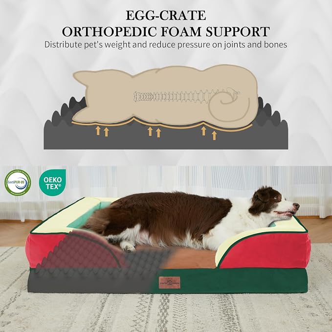 Comfort Expression Orthopedic Dog Bed for Large Dogs 36x27 Inch, Waterproof Egg Crate Foam Large Pet Bed with Bolsters, Dog Couch with Washable Cover & Non-Slip Bottom, Watermelon Mist