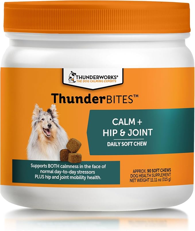 ThunderBites Calm + Hip & Joint Daily Supplement for Dogs, Soft Chews, Supports Joint Health Plus Calming from Daily stressors, Includes Glucosamine, Omega 3s, MSM, Melatonin, Ashwaganda, 90 Count