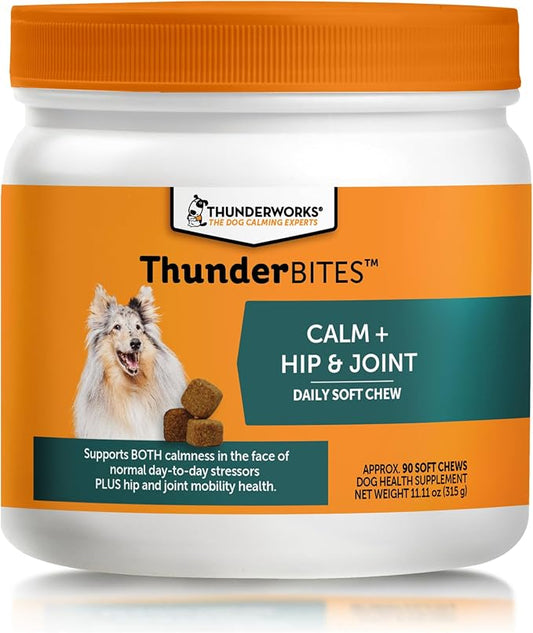 ThunderBites Calm + Hip & Joint Daily Supplement for Dogs, Soft Chews, Supports Joint Health Plus Calming from Daily stressors, Includes Glucosamine, Omega 3s, MSM, Melatonin, Ashwaganda, 90 Count