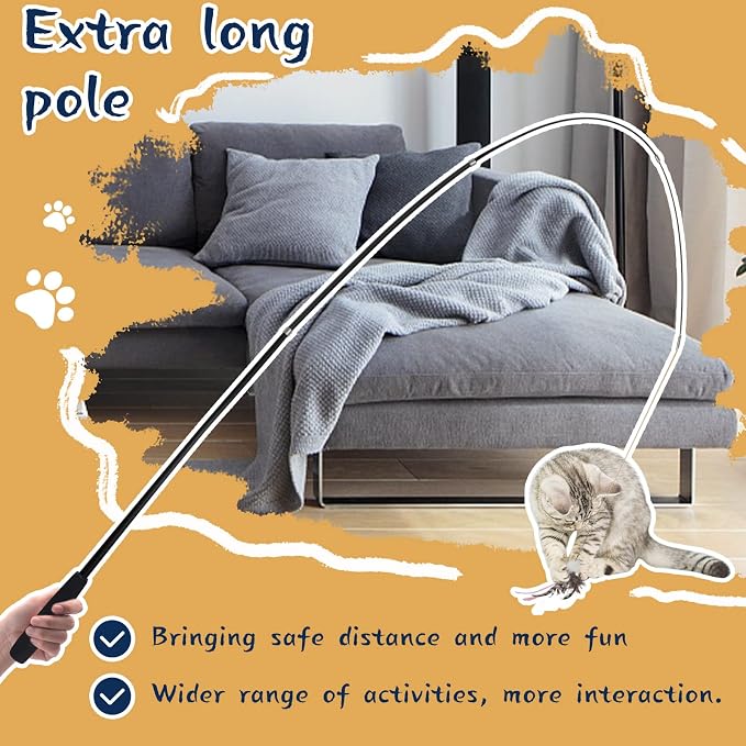 LELE LIFE 70'' Ultra Long Cat Wand Toy for Full Fun, Interactive Cat Toys for Indoor Cats Kitten, 2Pcs Retractable Flexible Poles and 8Pcs Cat Feather Toys Bell Teaser Refills, 2Pcs String Refills