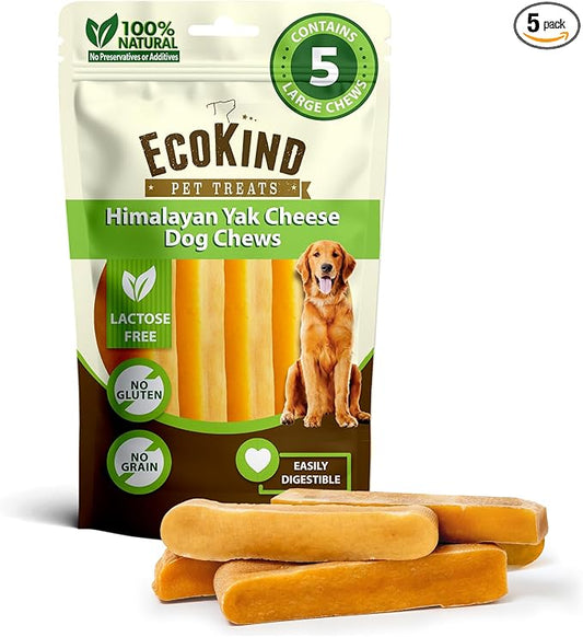 EcoKind Yak Cheese Himalayan Dog Chews, Yak Chews for Large Dogs, Long Lasting Bone for Aggressive Chewers, Only 3 Ingredients, Natural High Protein Treats, No Additives, Lactose Free, Large - 5 Chews