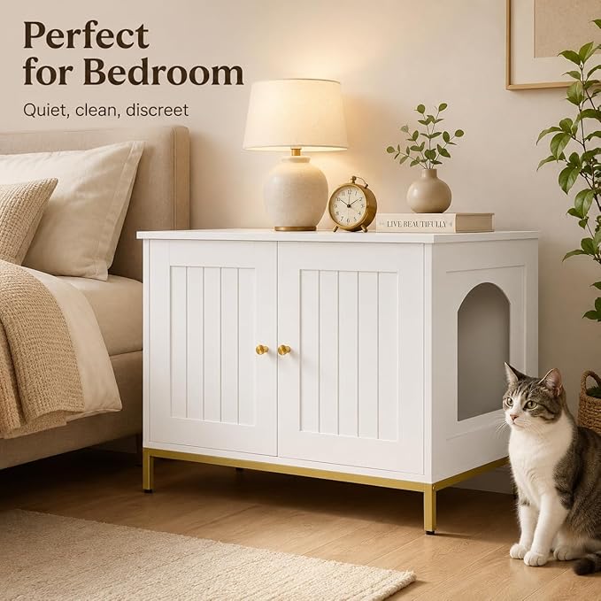 Homhedy Cat Litter Box Enclosure, Cat Washroom Furniture with Metal Frame, Pet House, Fit Most of Litter Box, Modern Style, White and Gold