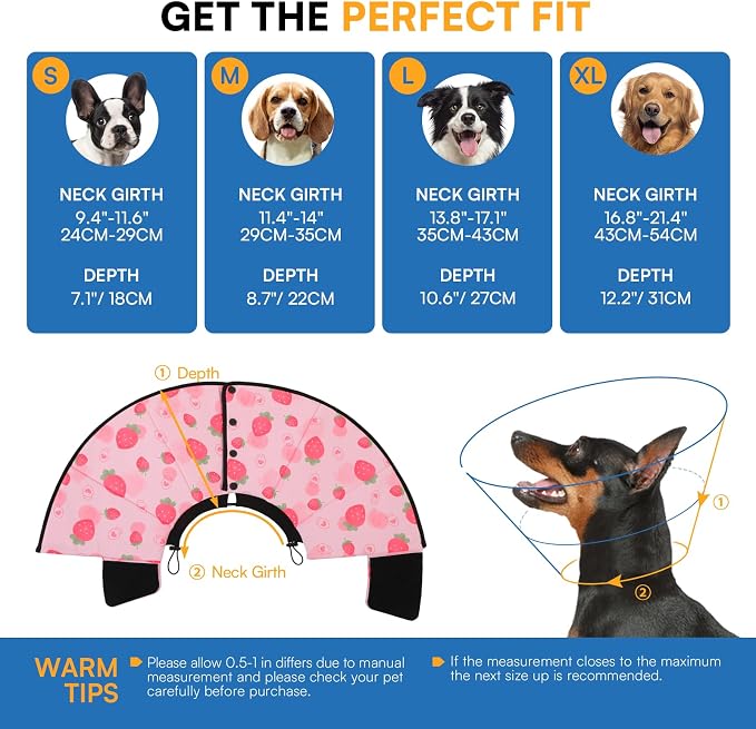 Queenmore Dog Cones for Large Dogs, Soft Dog Cone, Cone for Dogs to Stop Licking After Surgery, Adjustable Elizabethan Collar for Pet to Prevent Licking Wounds, Strawberry L