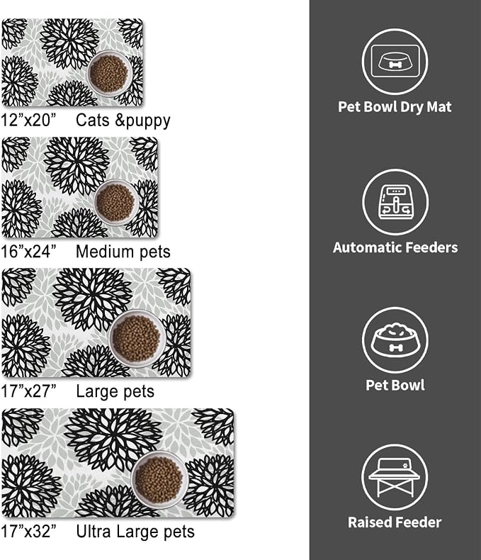 Dog Food Mats for Floors, Absorbent and Quick-Drying Pet Cat Food Mat,Anti-Fouling and Easy-to-Clean Pet Feeding Mat,Dog Bowl Mat for Messy Drinking Water Bowls.17x32, Bohemia Dahlia Floral Style