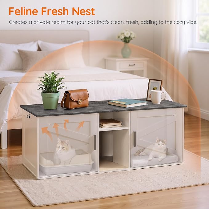 HOOBRO Double Litter Box Enclosure, Modern Cat Litter Box Furniture with Storage and Mat Design, Farmhouse Hidden Litter Box Enclosure with 2 Hooks, White and Charcoal Gray BW23MW01