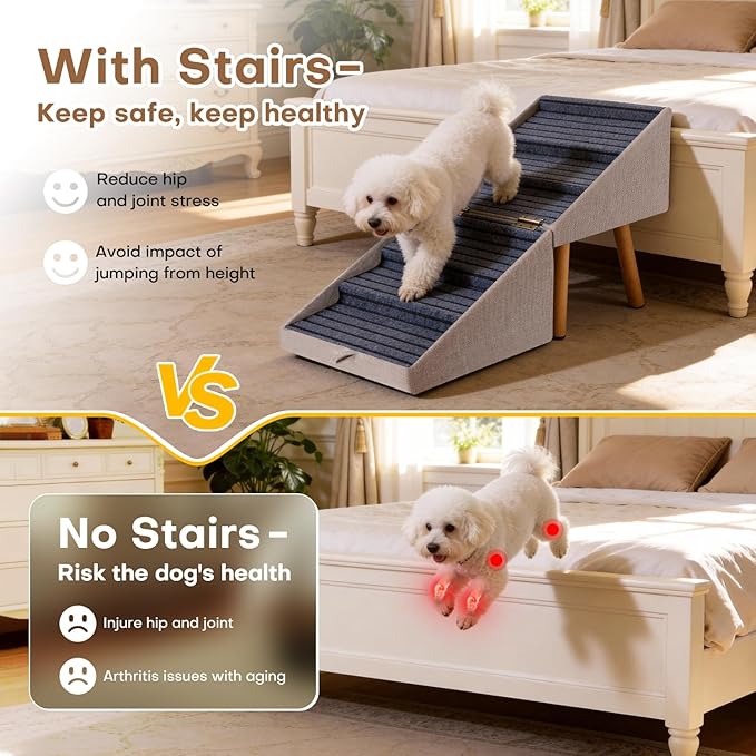 Dog Stairs 21.06" H 6-Step Pet Stairs for High Bed | Tall 6-step stairs for medium large dogs to high bed Convertible to bedside nightstand. Non-slip steps & split ottoman design