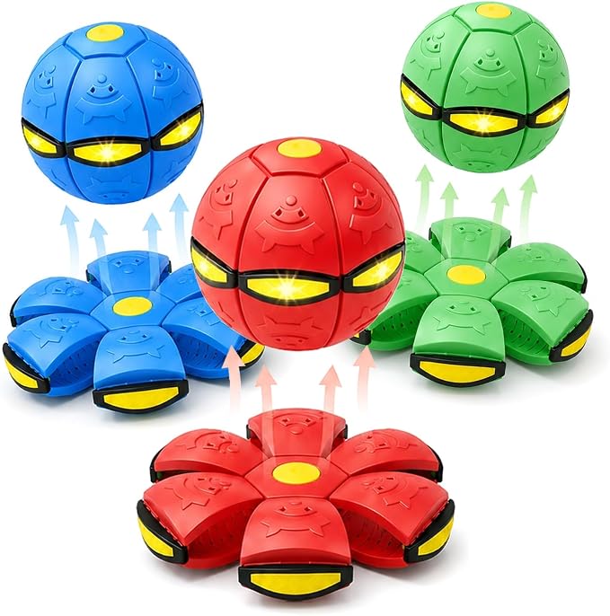 Magic Bouncing Pop Up Balls 3 Pack with 6 LED Lights for Dogs, Dual Form Meta Ball Transforming Design, Flying Saucer Ball Toy, Interactive Bouncy Balls for Pets