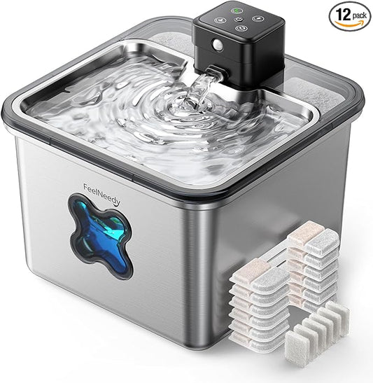Cat Water Fountain Wireless + 6 Filters: [Visual Filter] & [Heavy-Duty Stainless Steel] FEELNEEDY- Premium, 3.2L/108oz, 4000mAh Battery Operated Pet Fountain with Sensor, for Cats and Dogs