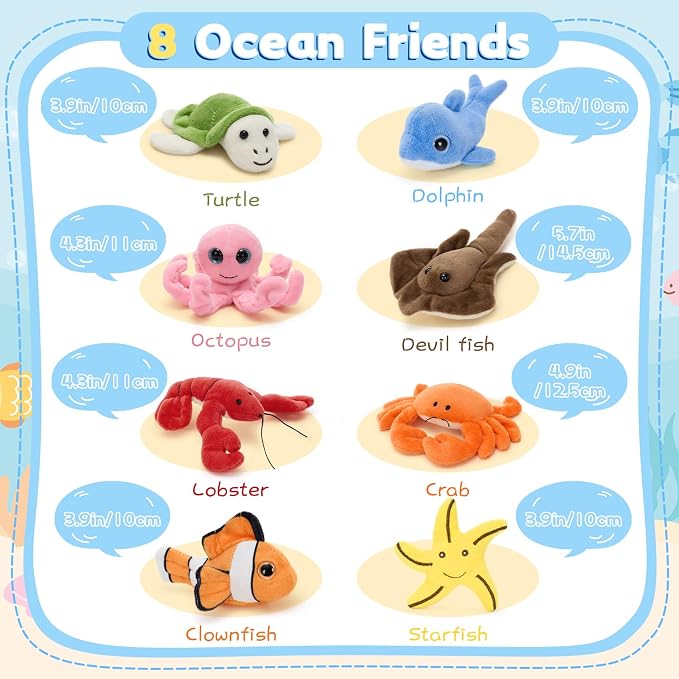 Muiteiur 11.42" Blue Ocean Plush Sea Animals Set with Storage Shell | Soft 9 PCS Ocean Animal Plush Set with Storage Shell for Toddlers and Kids, Sensory Llearning and Montessori Travel Play
