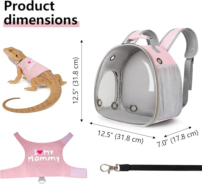 Bearded Dragon Carrier Backpack with Security Printing Harness Set, Reptile Lizard Travel Carrier (Pink, Mommy Harness)