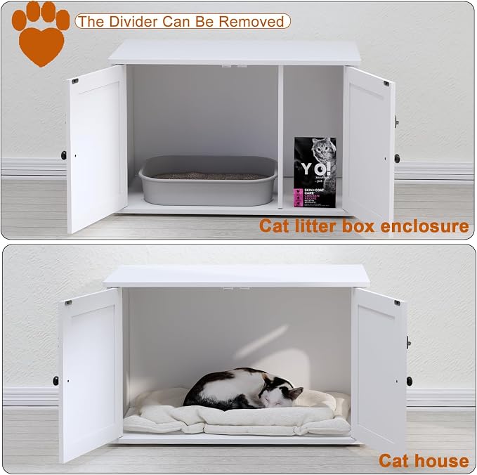 Timberer Cat Litter Box Enclosure, Litter Box Furniture Hidden with Removable Divider, Wooden Cat Washroom Furniture, Indoor Cat House, White