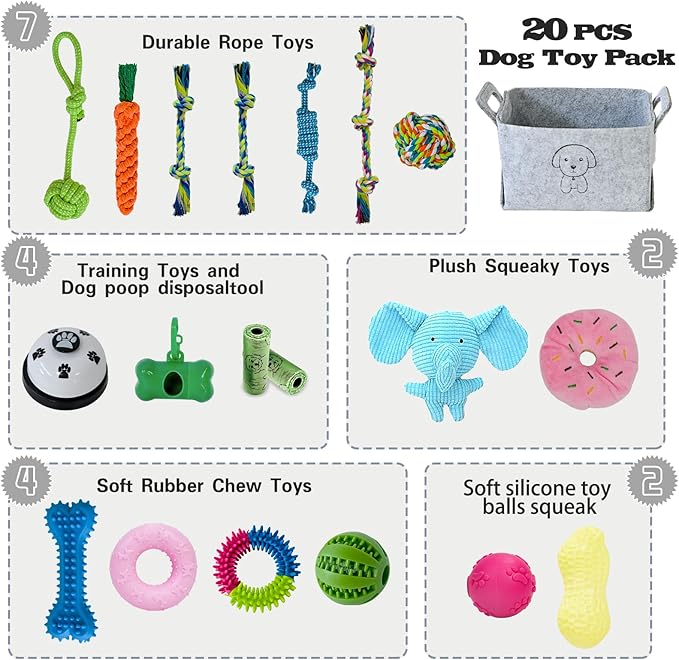 MRSOHRET 20Pcs Puppy Chew Toys for Teething, Dog Chew Toys with Rope Toys, Pet Dog Toothbrush, Treat Balls, Plush Toys and Squeaky Toy for Small Medium Dogs with Basket (20 Pack Elephant)