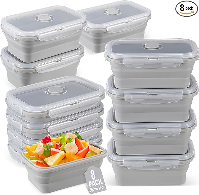 Mifoci Set of 8 Silicone Collapsible Bowls for Camping with Vent Lid Silicone Storage Containers for Food Meal Preparation Square Bowl Microwave Freezer Dishwasher Safe(Gray,17 Oz/ 500 ml)