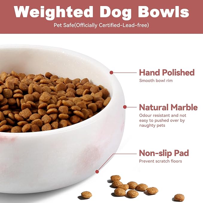 Karibiber Marble Dog Bowl, 5lbs Weighted Dog Food Bowl, Non-Slip Large Heavy Water Bowls, Cute Pink Stone Food and Water Dish for Medium Dogs, Natural Marble, Easy to Clean, Holds 4 Cups