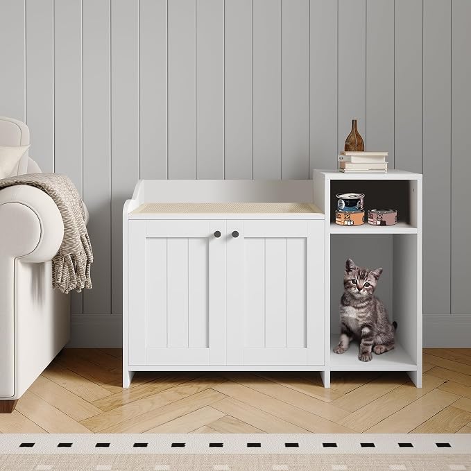 GarveeLife Cat Litter Box Enclosure Furniture, Hidden Litter Box Cabinet, Indoor Wooden Cat Washroom, Pet House, Dog Proof Hideaway Kitty Litter Box Enclosure, Side End Table with Storage, White