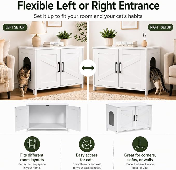 Homhedy Cat Litter Box Enclosure, Wooden Cat Washroom Furniture with Barn Door, Pet House, Fit Most of Litter Box, White