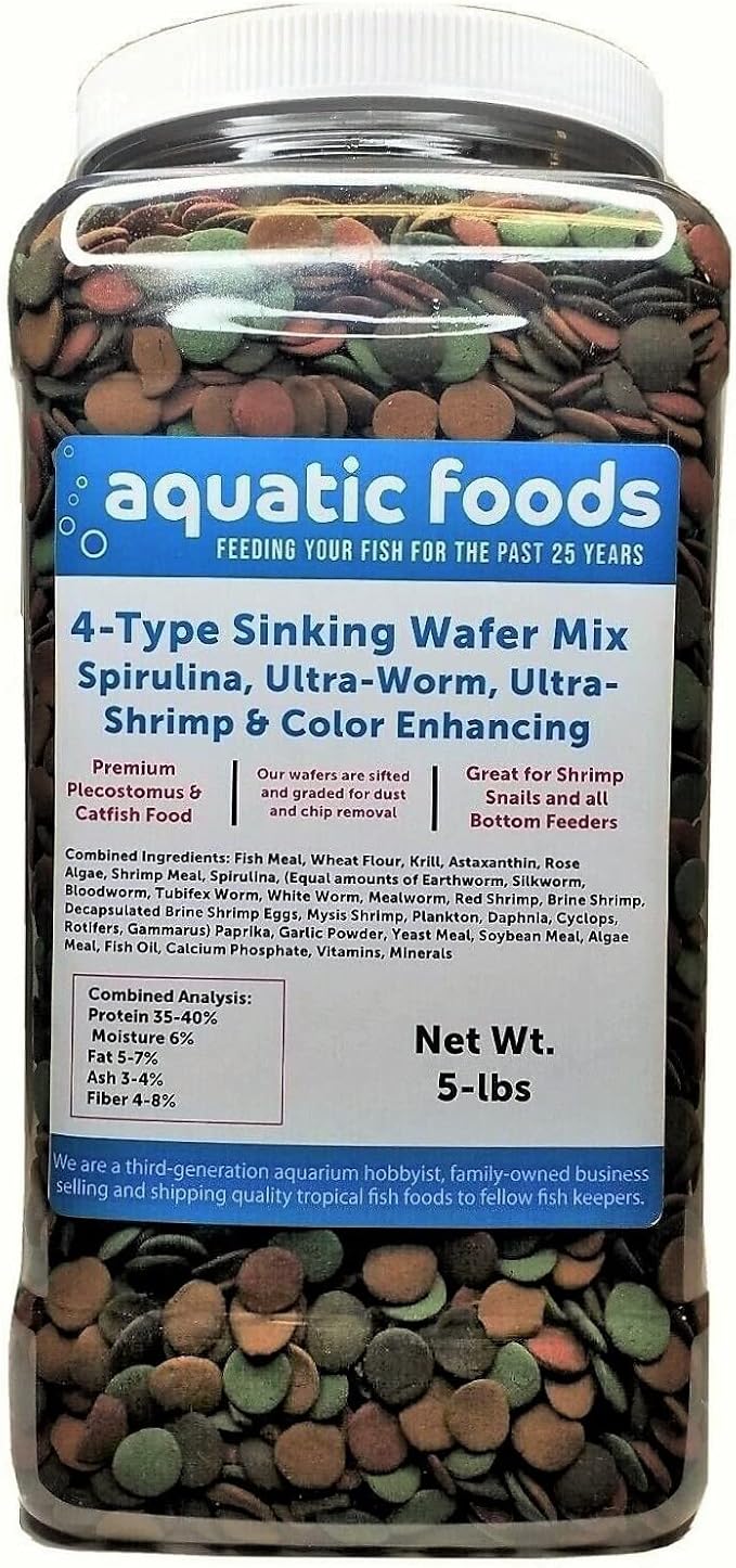 4-Type Ultra Mix of 12mm - 1/2'' Wafers, Spirulina-Algae 6-Type Worm 10-Type Shrimp Wafer, Intense Color Enhancing Wafers. Plecos, Shrimp, Snails, All Tropical Fish..5-lb Jar