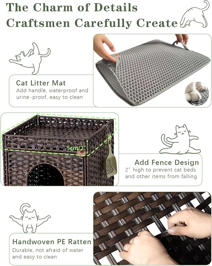 SETVSON Cat Litter Box Enclosure Furniture, Hidden Litter Box with Mat and Fence, Handwoven Rattan Cat House with Two S-Shaped Hooks for Living Room, Bedroom, 18.5 x 20.5 x 19.1 Inches (Brown)