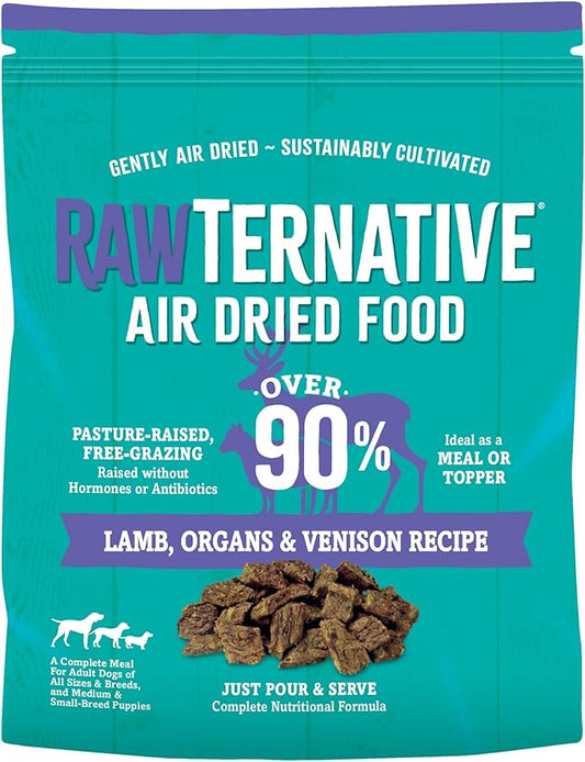 RawTernative Air Dried Dog Food, High Protein, Over 90% Real Lamb, Organs, & Venison + New Zealand Green Mussels, Complete Meal or Topper, Grain Free, Gluten Free, Non GMO, (3 lb Bag)