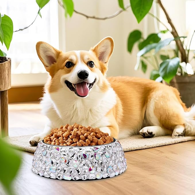 SlowVibes Bling Stainless Steel Dog Bowls,12oz Detachable Big Diamond Metal Food Water Bowl for Feeding Dogs Cats,Rust Resistant Non-Slip Puppy Dish,Sparkle Essentials for Small Medium Large Girl Pets
