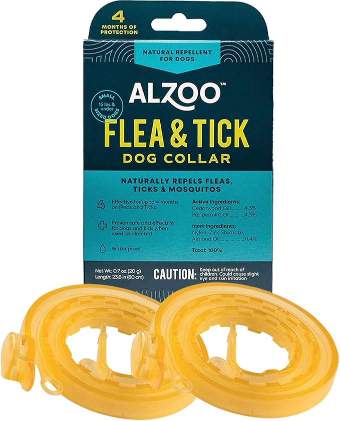 ALZOO Plant-Based Flea & Tick Dog Collar for Small-Sized Dogs 15 lbs & Under Helps Repel Fleas, Ticks & Mosquitoes, Waterproof, Up to 4 Months Protection, Cedarwood & Peppermint Oils, Pack of 2