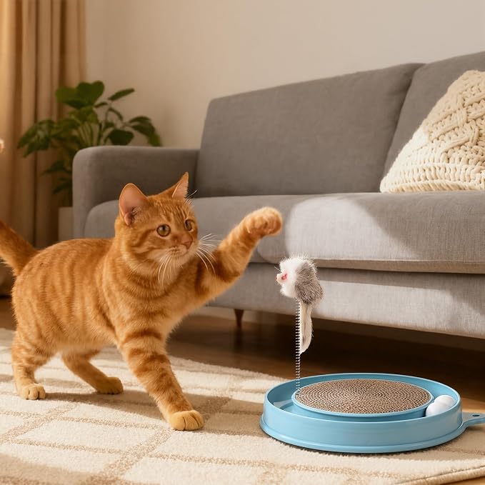 AceOrbit 3 Pcs Cat Ball Track Toy, Include 1 Round Cat Scratcher Toy with 2 Cats Scratching Board Pad Replacement, Interactive Toys Track and Plush Mouse Toys for Indoor Cats Kitten
