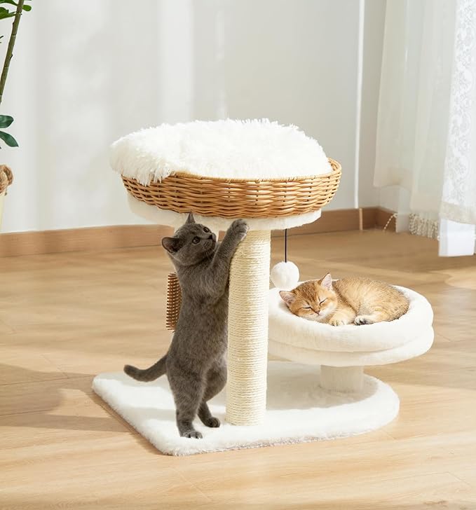 Made4Pets PE Rattan Cat Tree Tower with Scratching Post, 18 inch Small Cat Tree for Kittens, Handwoven Wicker Basket Bed with Soft Cushion, Cozy Cat Bed, Self Groomer and Hanging Plush Ball Toy