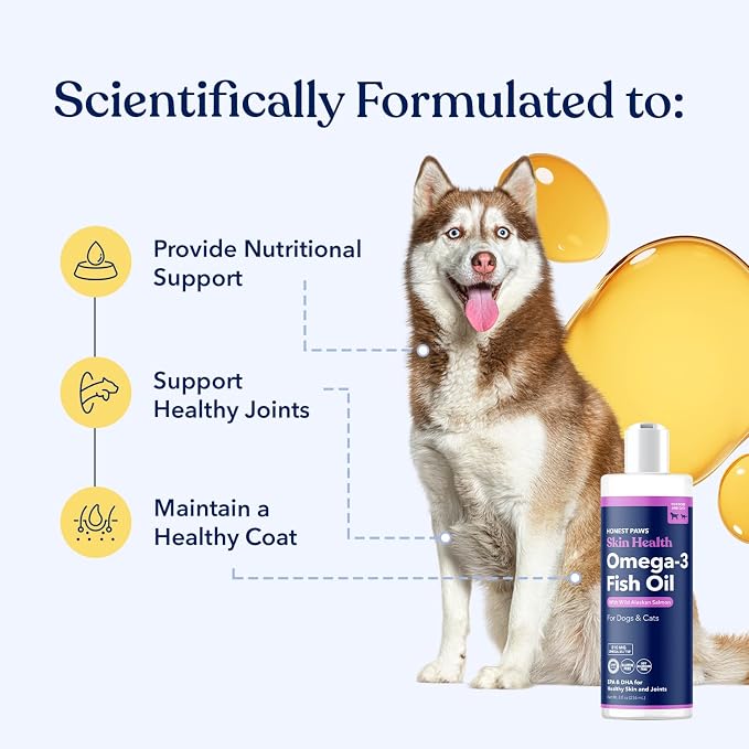 Honest Paws Salmon Oil for Dogs & Cats – Omega 3 Fish Oil Supplement for Skin, Coat, Joint & Heart Health – Natural, Sustainably Sourced Wild Alaskan Salmon, 8 oz