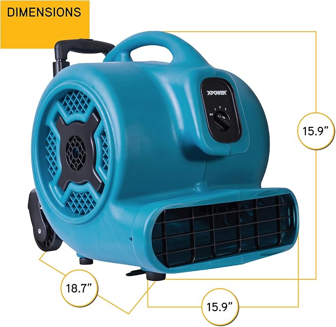 XPOWER P-830H Pro 1 HP 3600 CFM Centrifugal Air Mover, Carpet Dryer, Floor Fan, Blower, Telescopic Handle and Wheels, for Water Damage Restoration, Janitorial, Plumbing, Home Use