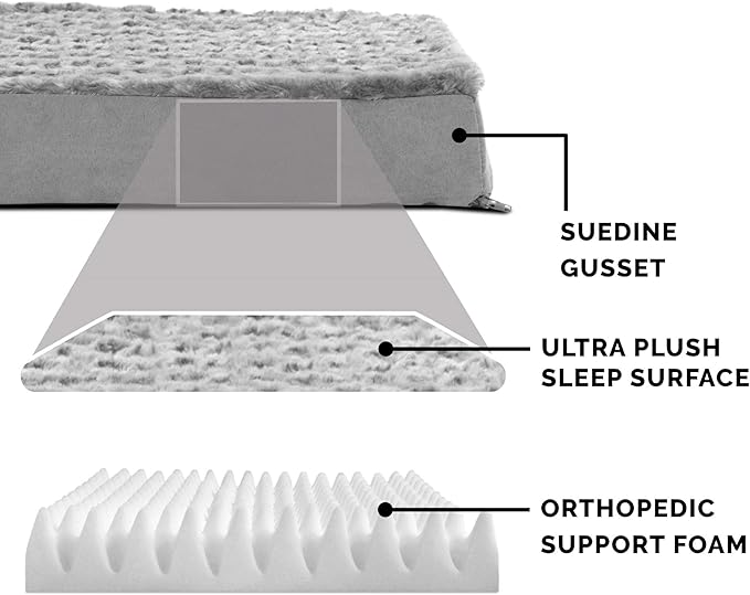 FurHaven Orthopedic Dog Bed for Large Dogs, Mattress Style Bed, Orthopedic Egg Crate with a solid Orthopedic Foam Base for Joint Support, Washable Cover, Large, Plush Faux Fur & Suede, Gray