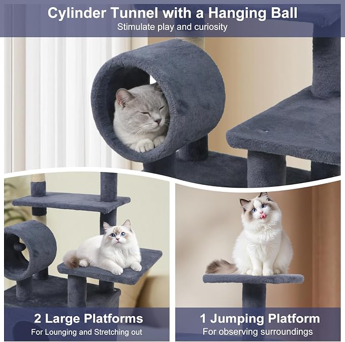 Tangkula Cat Tree Tower, 48 Inch Multi-Level Cat Tower with Large Condo, Sisal Scratching Post, Padded Top Perch, Tunnel, Hanging Ball, 3 Jumping Platforms for Indoor Cats (Dark Gray)
