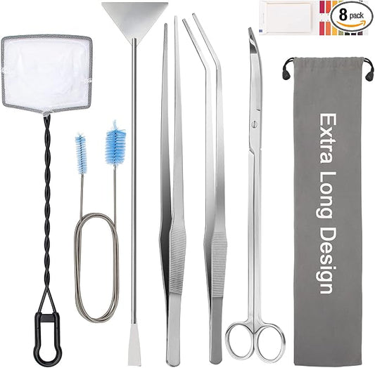Extra Long Aquarium Aquascaping Tools Kit 8 in 1, Liveek Stainless Steel Aquarium Plant Tools Long Fish Tank Aquascape Tweezers Scissors Scrapers, PH Paper, Fish Net, Aquascape Clean Brush, Bag