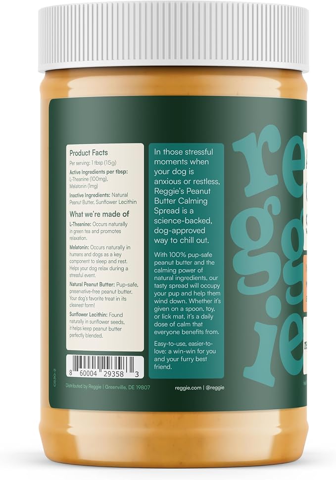 Reggie Calming Peanut Butter for Dogs, 100% Natural Dog Peanut Butter with Melatonin & L-Theanine, Lick Mat Spread for Short-Term Dog Anxiety Relief, Made in USA 16oz