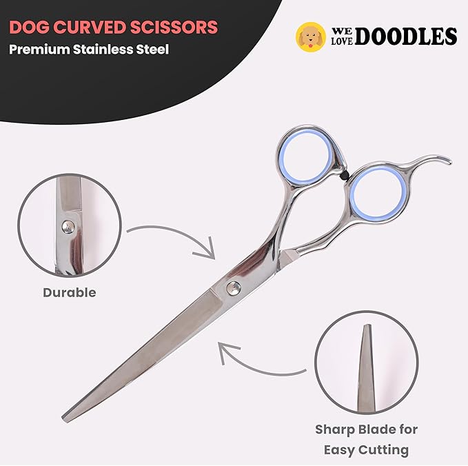 Dog Grooming Scissors Kit & Dog Dematting Rake Bundle - Straight, Curved & Thinning Shears, Grooming Kit, Professional Grade Steel, Detangler Brush for Dogs, Matted Fur Removal on Undercoat